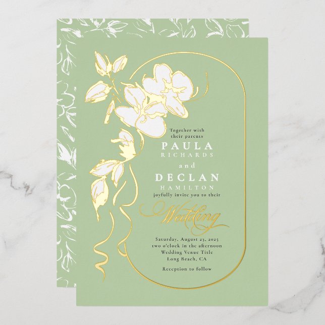 Hand-drawn Flowers Elegant Sage Green Wedding Foil Invitation (Front/Back)