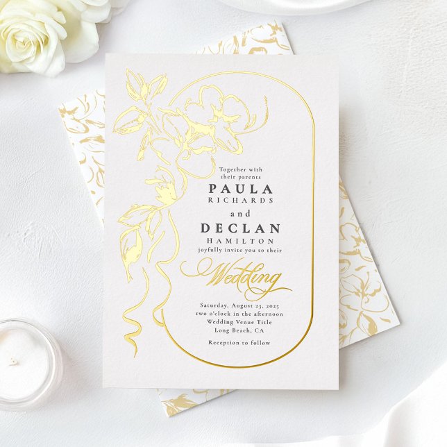 Hand-drawn Flowers Elegant White Wedding Foil Invitation (Gold Foil Wedding Invitation)