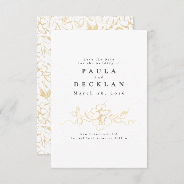 Hand-drawn Flowers Gold and White Save the Date (Front/Back)