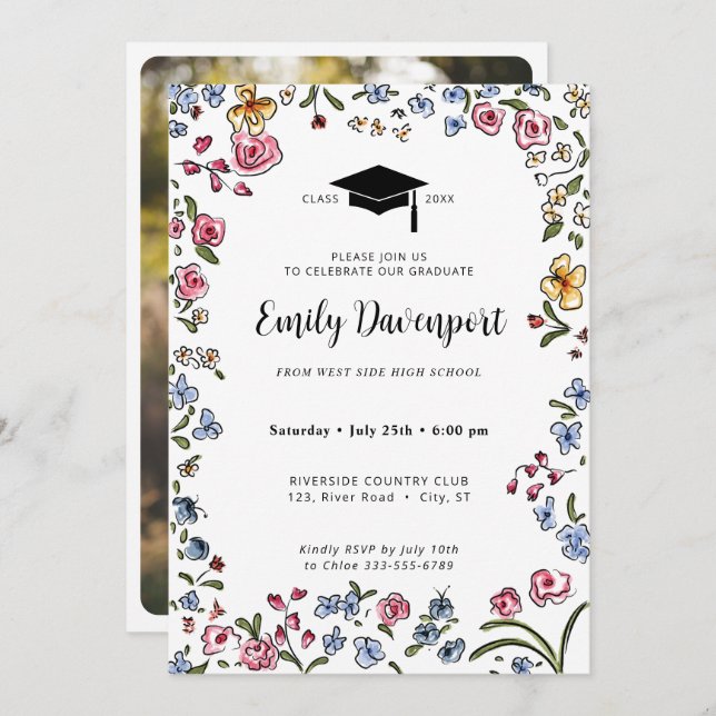 Hand drawn flowers Graduation photo on back  Invitation (Front/Back)