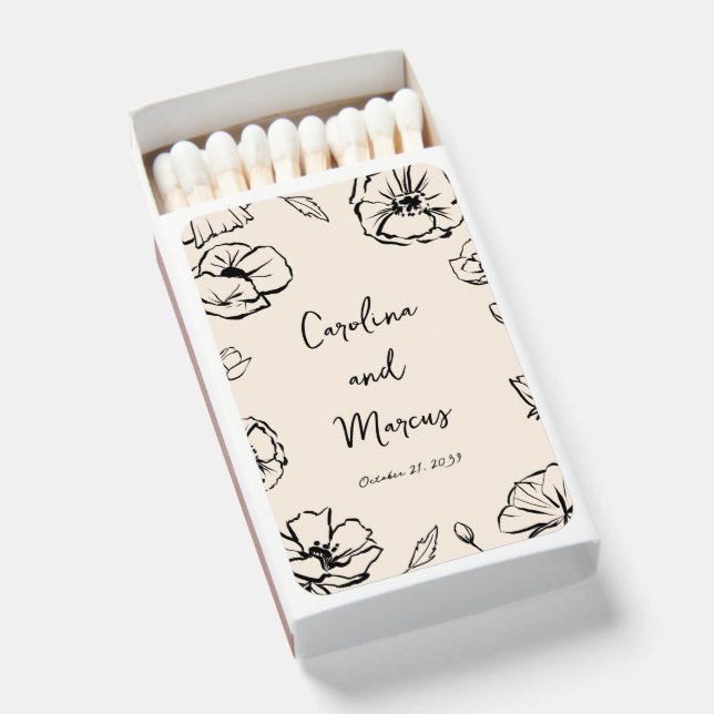 Hand Drawn Flowers Handwritten Ivory Wedding Favor Matchboxes (Front Open)
