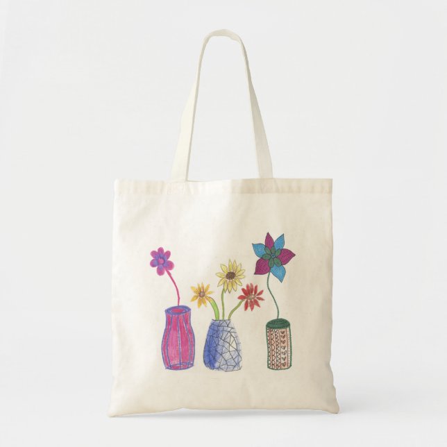 Hand drawn flowers in vase tote bag (Front)
