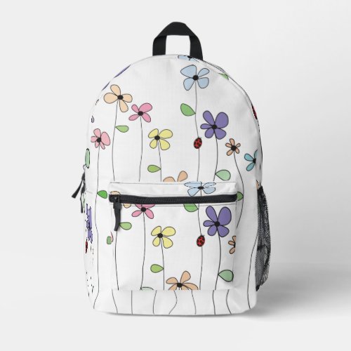 Hand Drawn Flowers  Ladybug  Printed Backpack