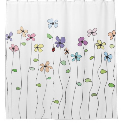 Hand Drawn Flowers  Ladybug Shower Curtain