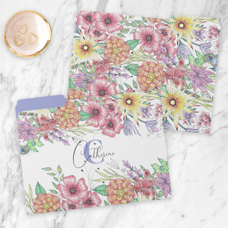 Hand-Drawn Flowers Leaves Name and Initial Letter