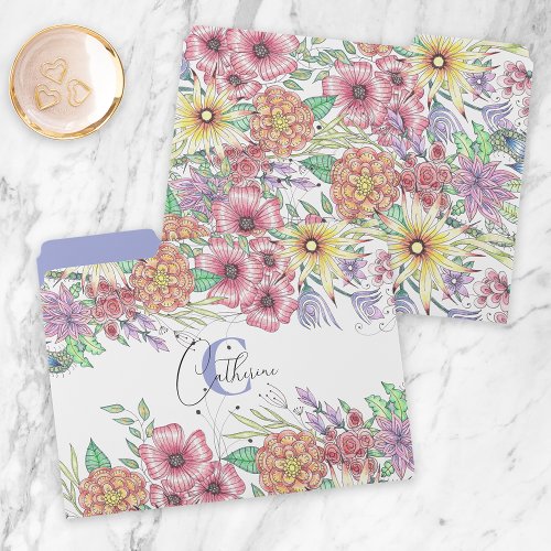 Hand_Drawn Flowers Leaves Name and Initial Letter File Folder