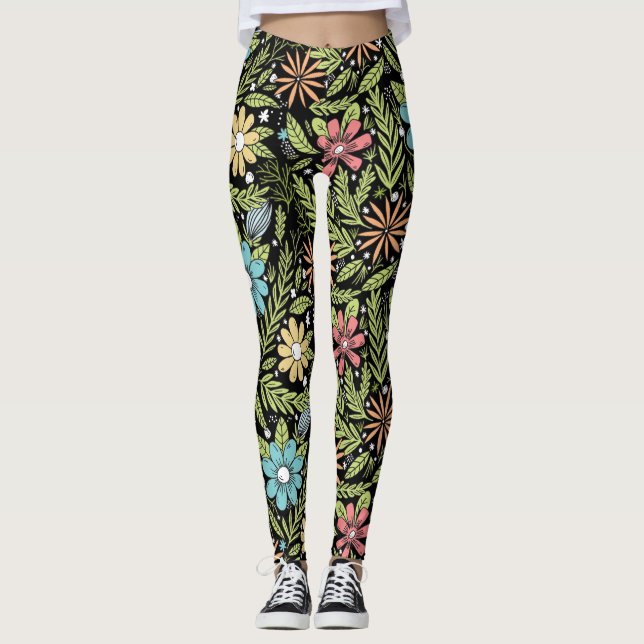 Hand Drawn Flowers Leggings (Front)