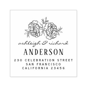 Hand Drawn Flowers Wedding Names & Return Address Rubber Stamp