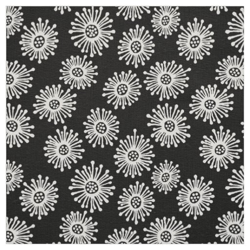 Hand Drawn Flowers - White on Black Fabric