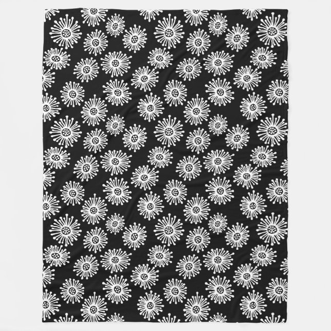 Hand Drawn Flowers - White on Black Fleece Blanket (Front)