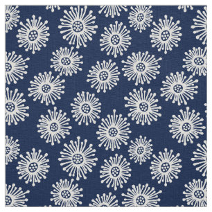 Hand Drawn Flowers - White on Dark Blue 001744 Fabric