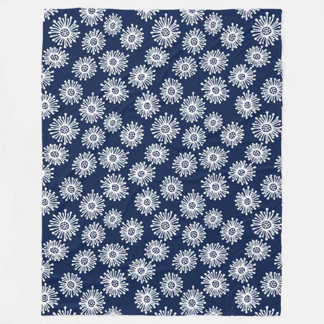 Hand Drawn Flowers - White on Dark Blue 001744 Fleece Blanket (Front)