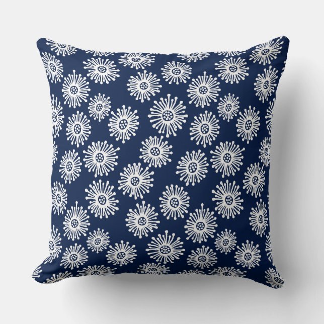 Hand Drawn Flowers - White on Dark Blue 001744 Throw Pillow (Front)