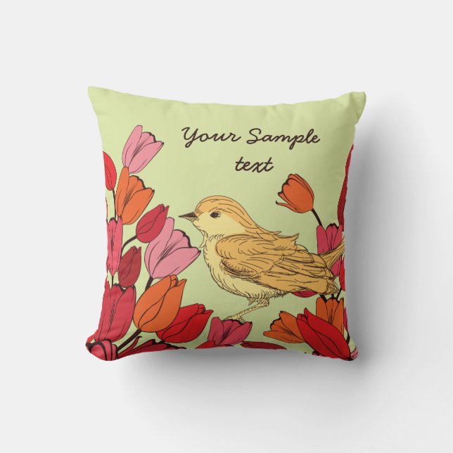 Hand Drawn Flowery Bird Background Throw Pillows (Front)
