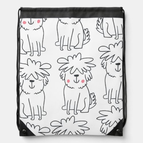 Hand_drawn fluffy dogs vintage pattern drawstring bag
