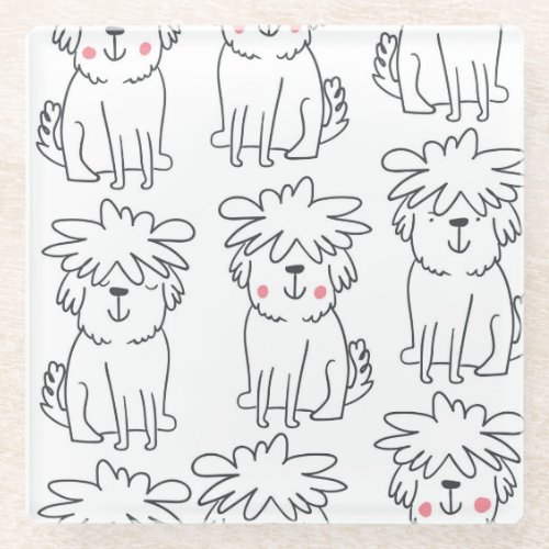 Hand_drawn fluffy dogs vintage pattern glass coaster
