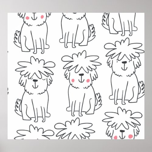 Hand_drawn fluffy dogs vintage pattern poster