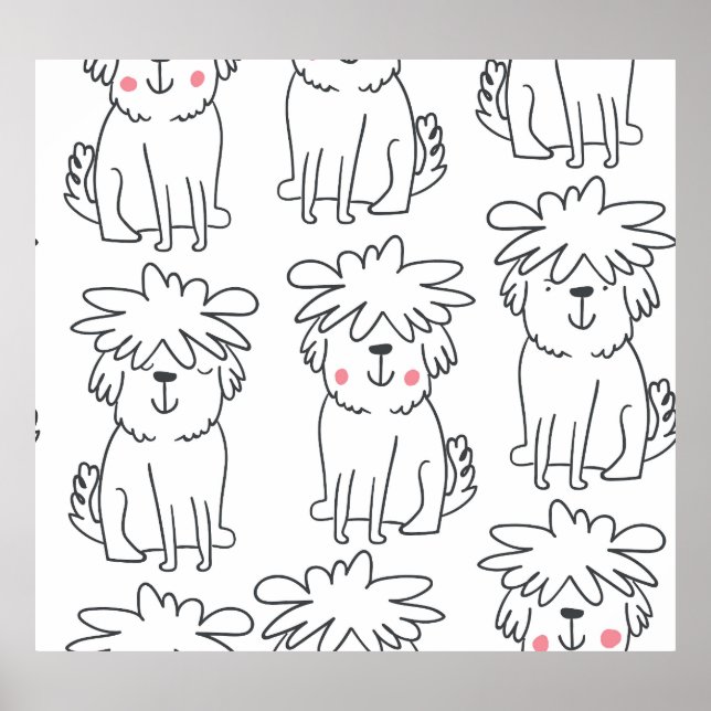 Hand-drawn fluffy dogs: vintage pattern. poster (Front)