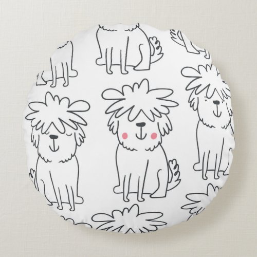 Hand_drawn fluffy dogs vintage pattern round pillow