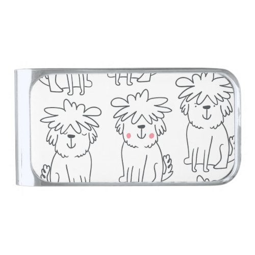 Hand_drawn fluffy dogs vintage pattern silver finish money clip