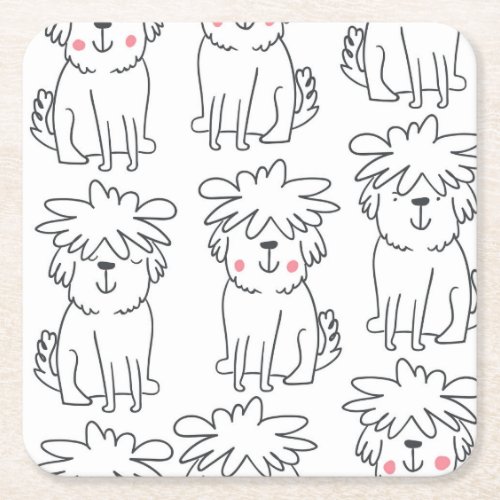 Hand_drawn fluffy dogs vintage pattern square paper coaster