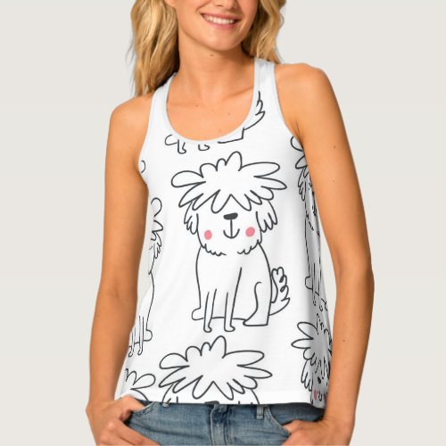 Hand_drawn fluffy dogs vintage pattern tank top