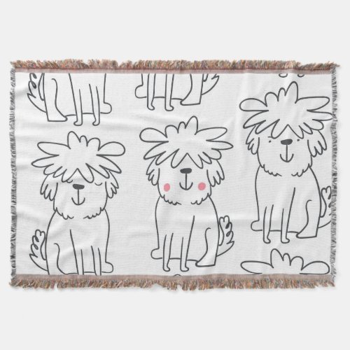 Hand_drawn fluffy dogs vintage pattern throw blanket