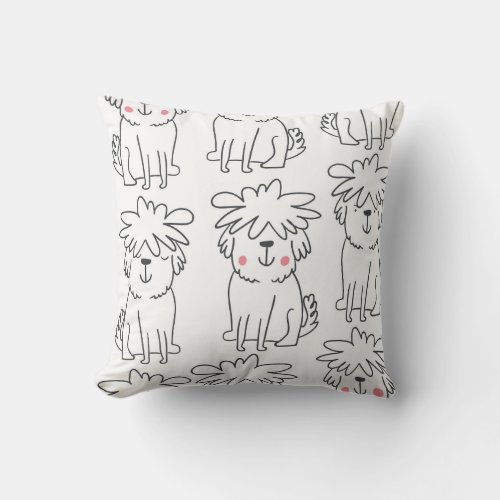 Hand_drawn fluffy dogs vintage pattern throw pillow