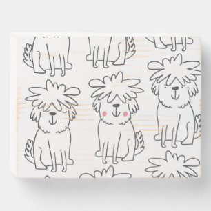 Hand-drawn fluffy dogs: vintage pattern. wooden box sign