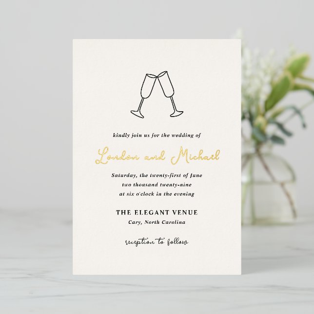 Hand Drawn Flutes Doodle Modern Wedding Foil Invitation (Standing Front)