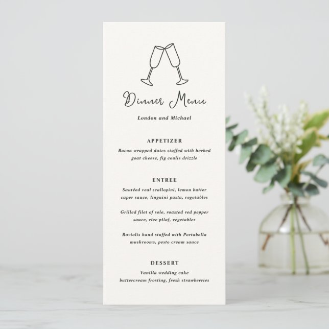 Hand Drawn Flutes Doodle Modern Wedding Menu (Standing Front)