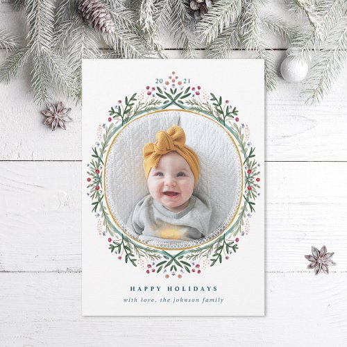 Hand_Drawn Folk Wildflower Wreath Christmas Photo Holiday Card