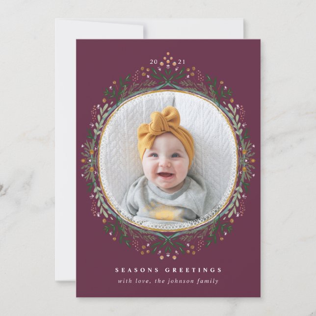 Hand-Drawn Folk Wildflower Wreath Holiday Photo (Front)