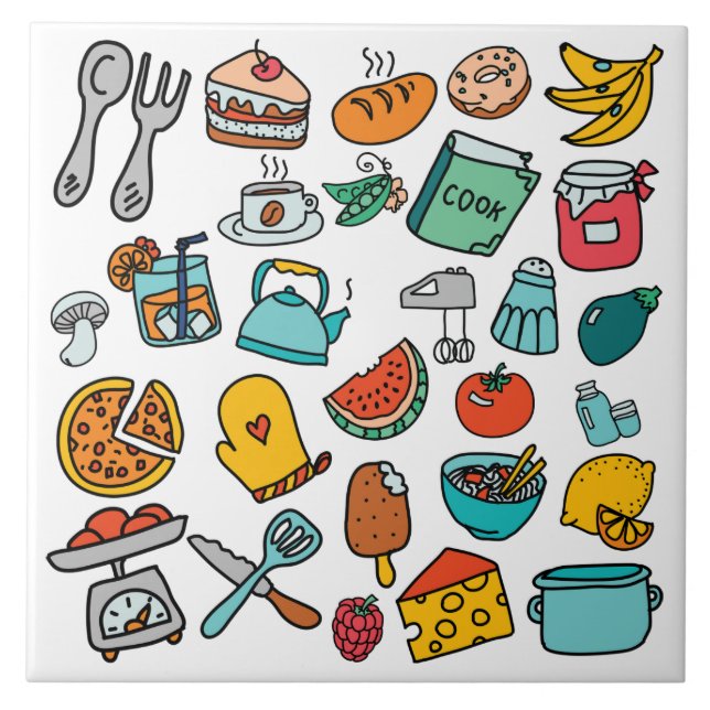 Hand Drawn Foods and Kitchen Tools Tile (Front)