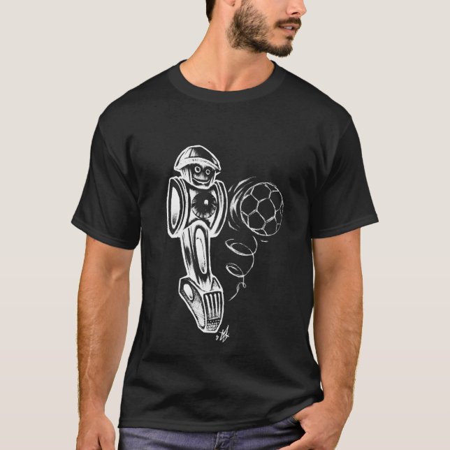 Hand Drawn Foosball Guy Kicks Ball T-Shirt (Front)