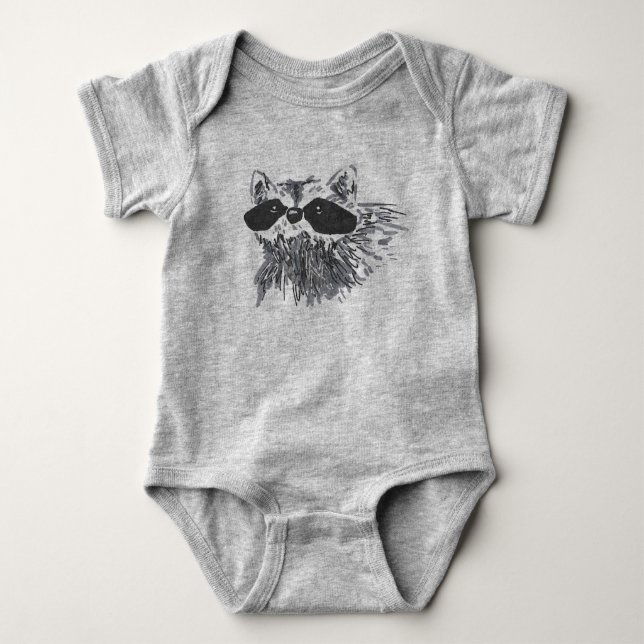 Hand-drawn Forest Animal Wildlife Raccoon Baby Bodysuit (Front)