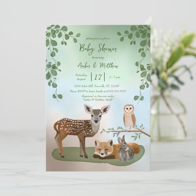 Hand Drawn Forest Animals Baby Shower Invitation (Standing Front)