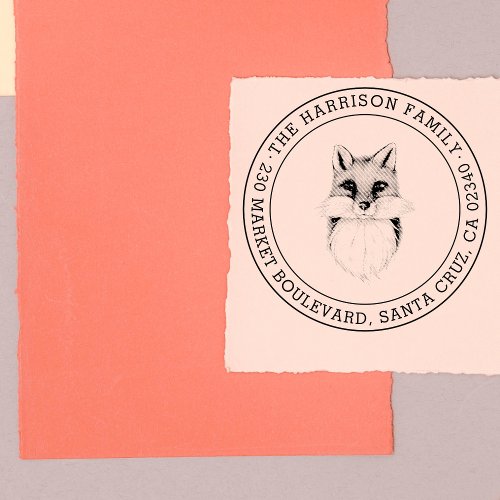 Hand_drawn Fox  Round Family Name Return Address Rubber Stamp