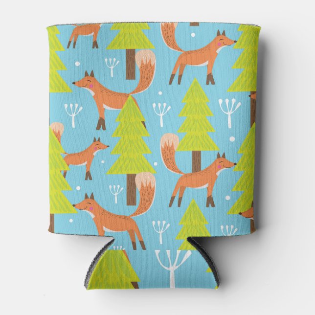 Hand-drawn foxes: cute vintage pattern. can cooler (Front)