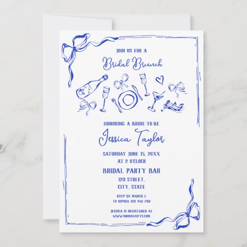 Hand Drawn French Blue Bridal Brunch French Bow In Invitation