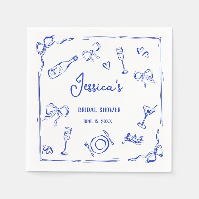 Hand Drawn French Blue Bridal Brunch French Bow In Napkins (Front)