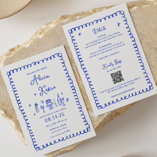 Hand Drawn French Blue Fun Wedding Invitations