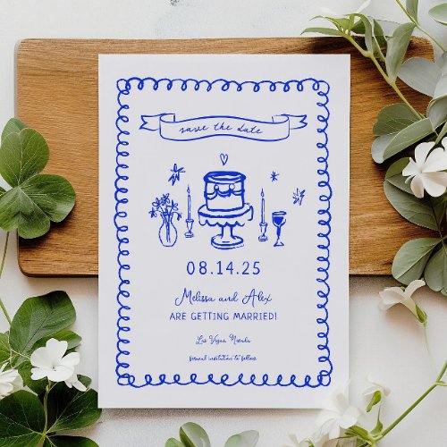 Hand Drawn French Blue Fun Wedding Save The Date