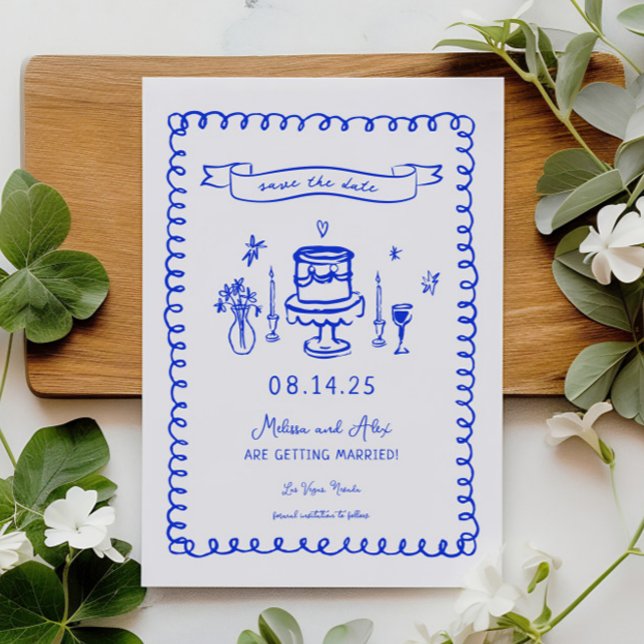 Hand Drawn French Blue Fun Wedding Save The Date (Creator Uploaded)