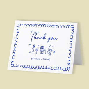 Hand Drawn French Blue Fun Whimsical Wedding Letterpress Thank You Card