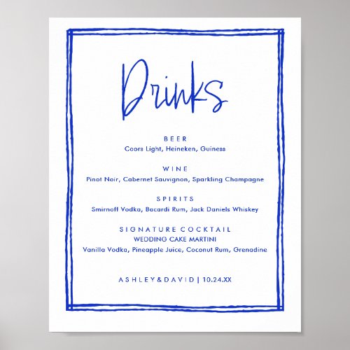 Hand Drawn French Blue Wedding Bar Drinks Poster