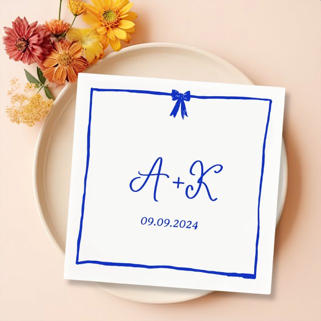 Hand Drawn French Blue Wedding Monogram Napkins (Creator Uploaded)