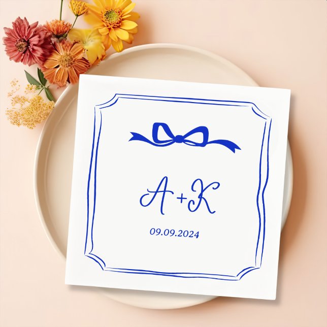 Hand Drawn French Blue Wedding Monogram Napkins (Creator Uploaded)