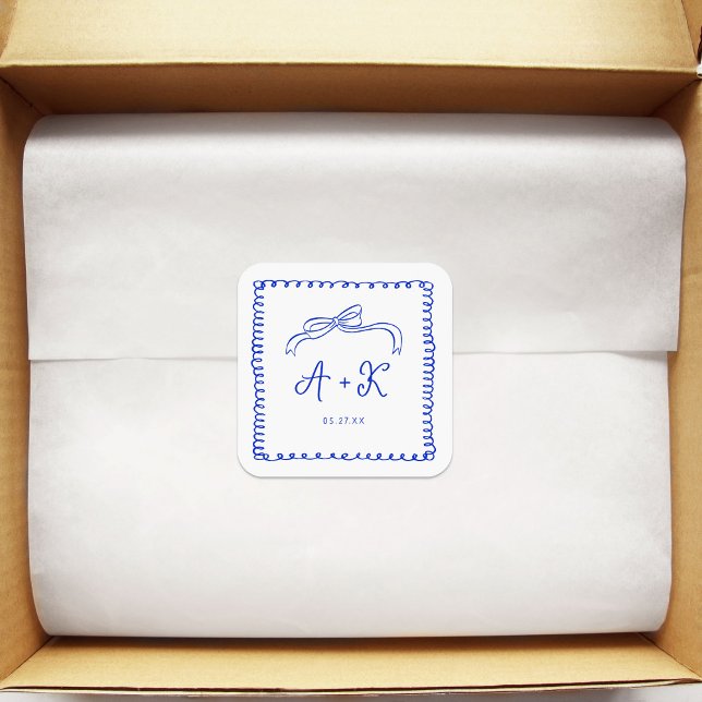 Hand Drawn French Blue Wedding Monogram Square Sticker (Creator Uploaded)