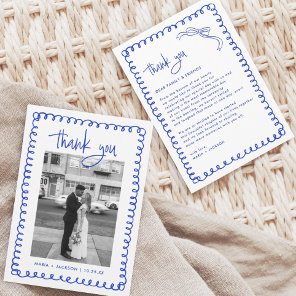 Hand Drawn French Blue Wedding Photo Thank You Card